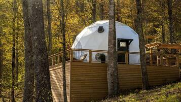 Una cabaña con forma de cúpula, con terraza de madera, rodeada de árboles.