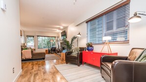 Ein modernes Wohnzimmer mit Kamin, Ledersofas und einem roten Schrank.