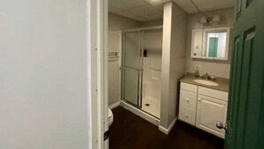 A bathroom with a glass shower enclosure, a sink, and a mirror.