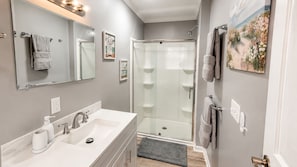 Hair dryer, towels, soap, toilet paper