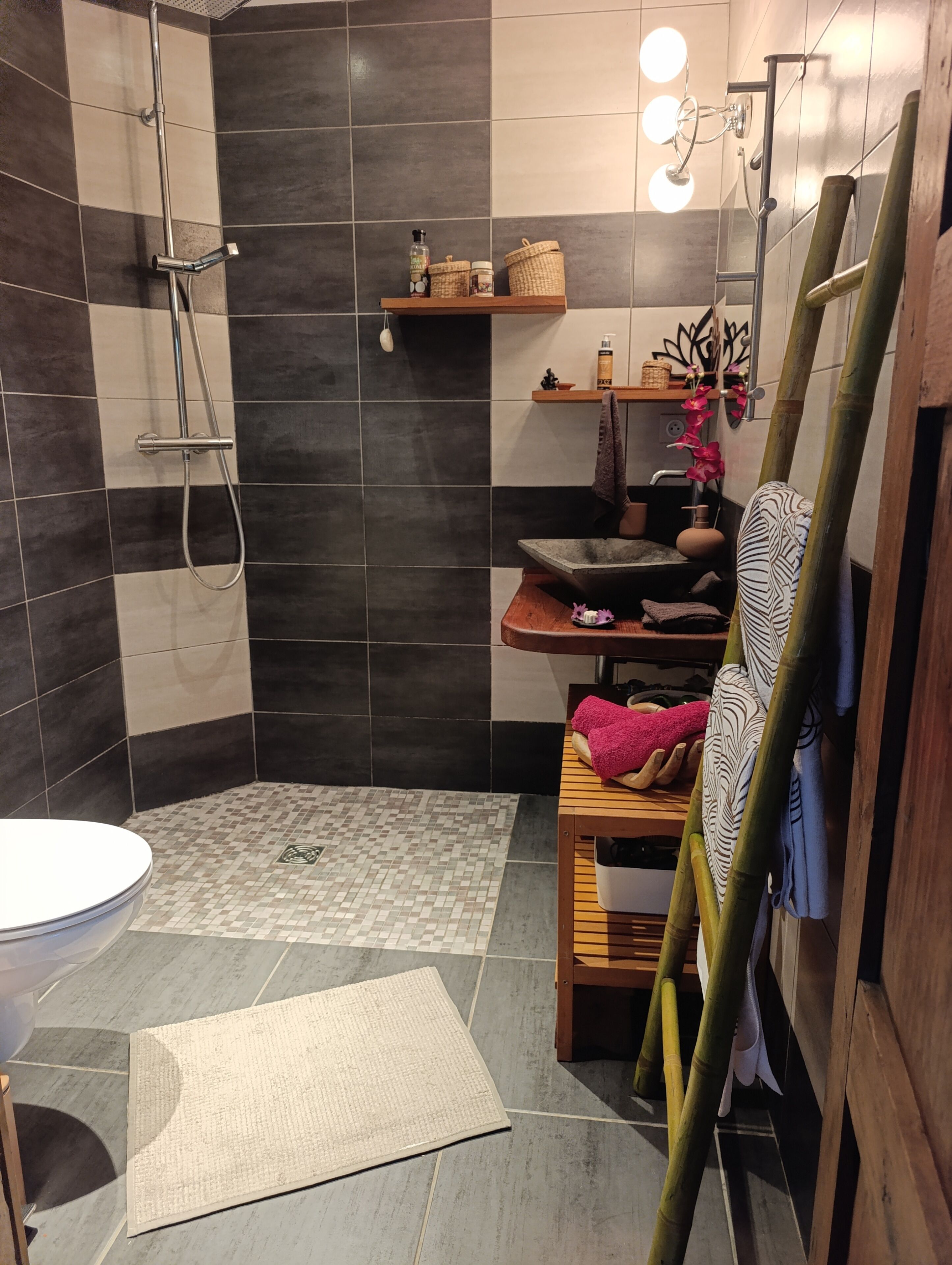 Hair dryer, towels, soap, toilet paper