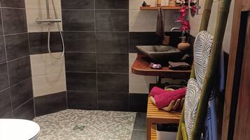 Hair dryer, towels, soap, toilet paper