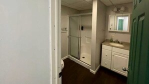 A bathroom with a glass shower enclosure, a sink, and a mirror.