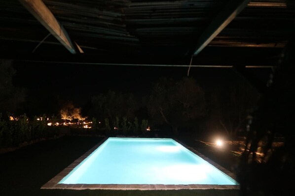 Ein rechteckiger Pool unter einer Überdachung bei Nacht.