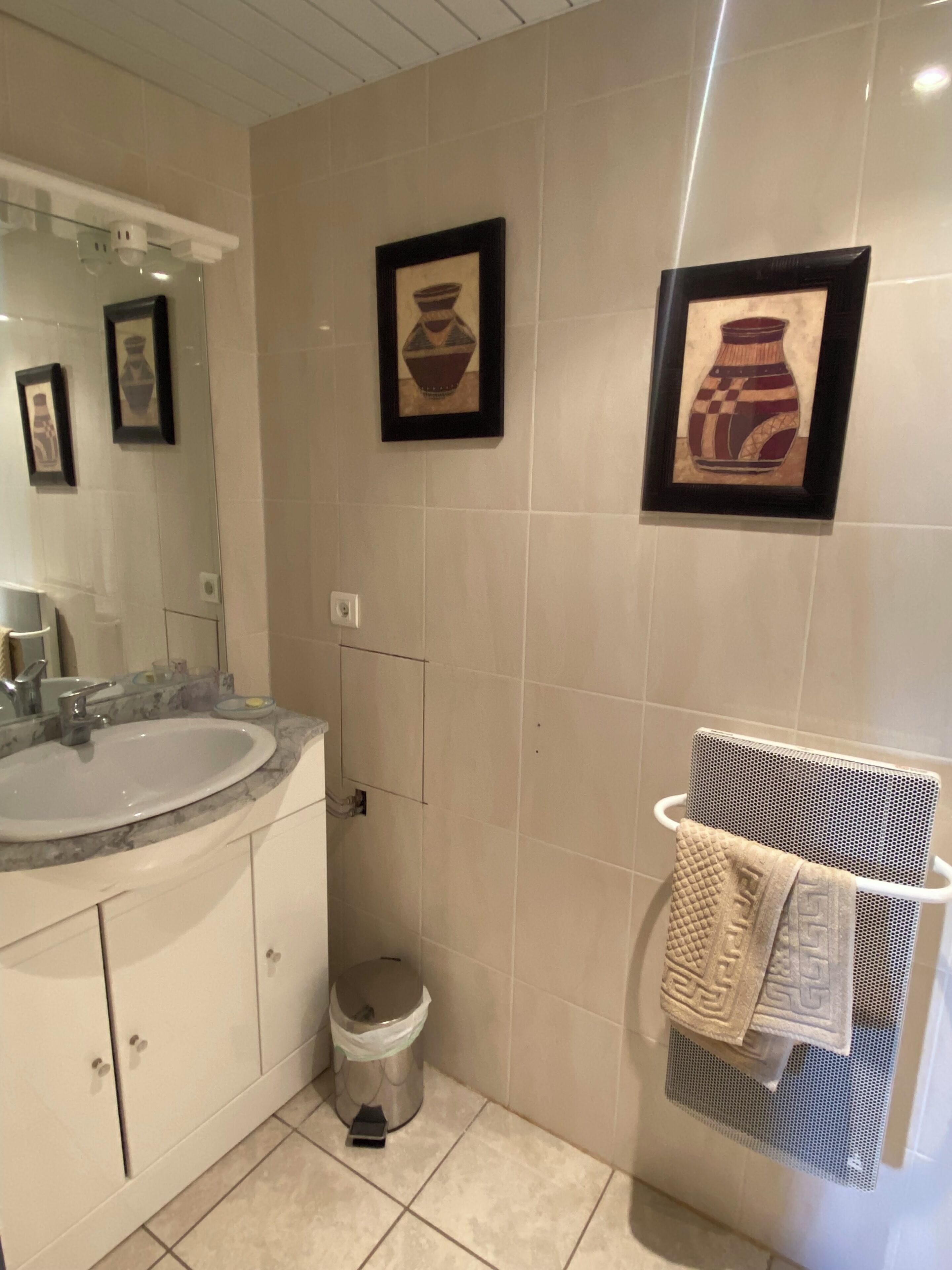 Une salle de bain équipée d’un lavabo, d’un miroir, d’une œuvre d’art encadrée, d’un porte-serviettes et d’une poubelle.