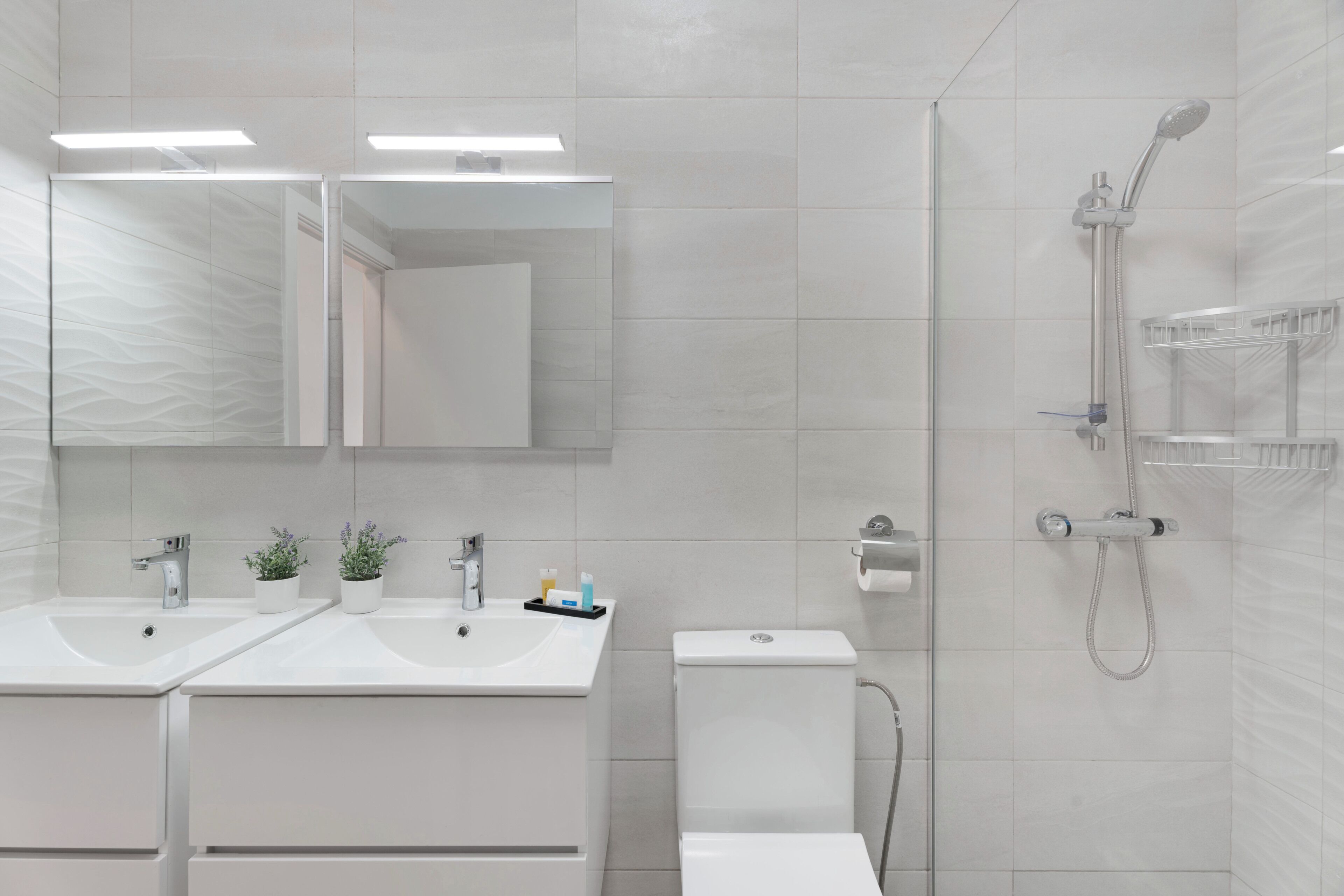 A modern bathroom with two sinks, a toilet, a shower, and a mirror.