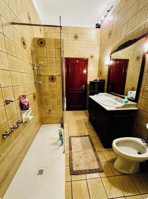 A bathroom with a shower, toilet, sink, and a mirror. - Bnb Fantasia (Bologna)