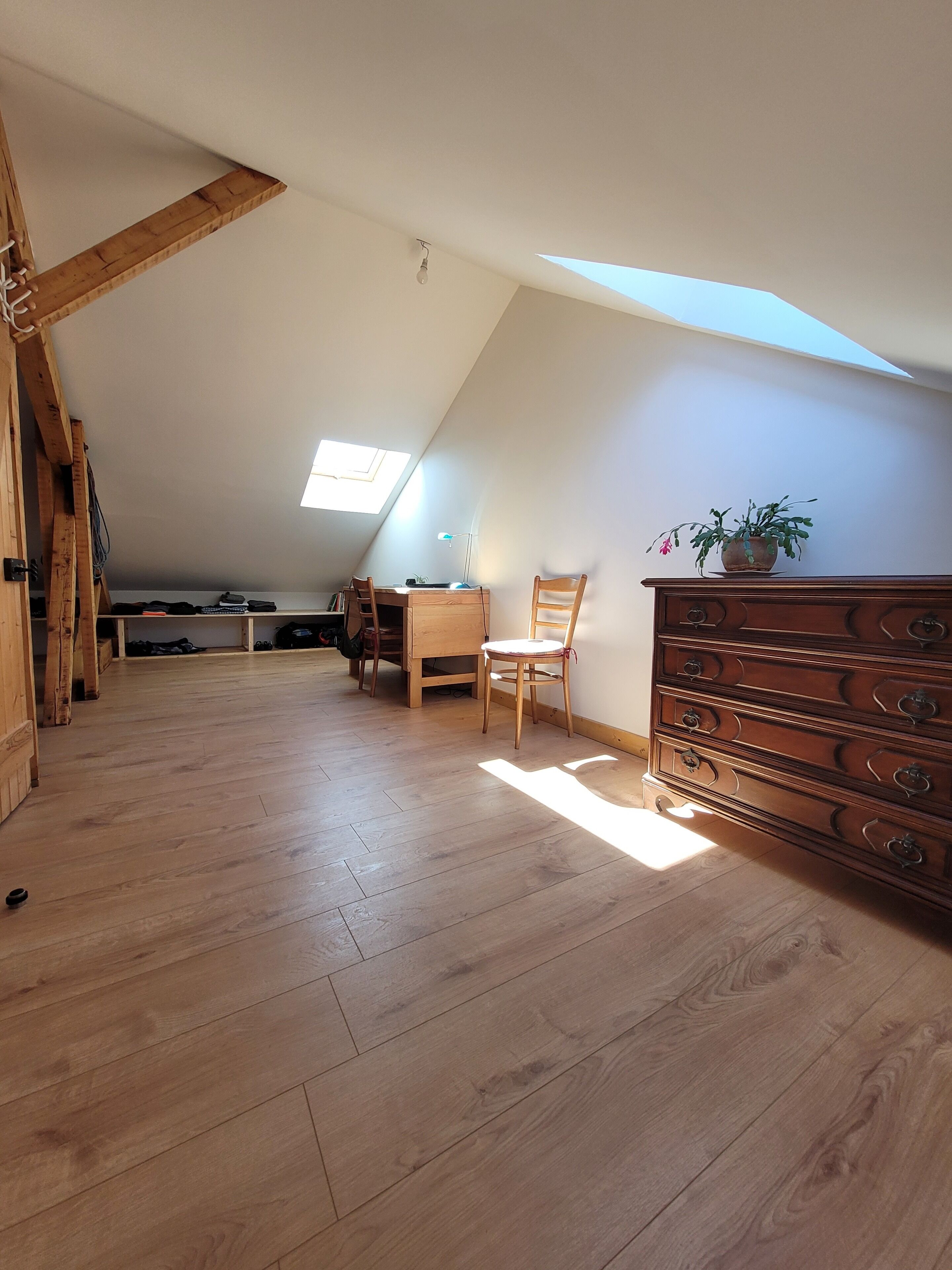 Une chambre mansardée avec un plafond en pente, un plancher en bois, un bureau avec une chaise, une commode et une plante en pot.
