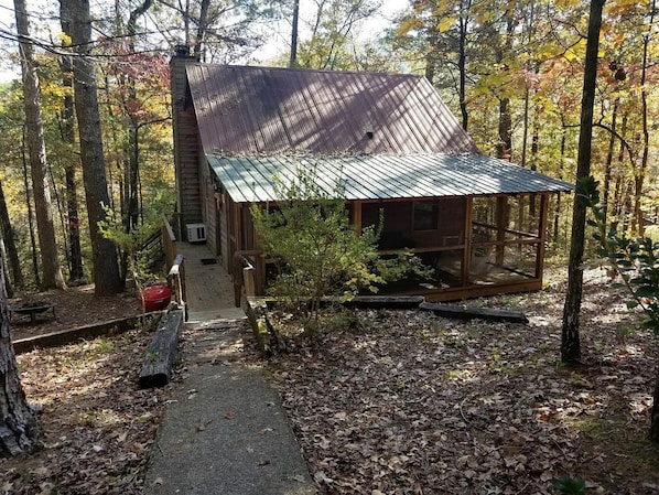 Un chalet rustique avec un toit en métal, entouré d’arbres et doté d’une terrasse en bois.