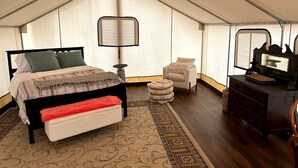 A tent-style bedroom with a bed, bench, chair, and dresser.