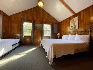 Una habitación con dos camas, techo de madera, ventana con cortinas y un cuadro en la pared.