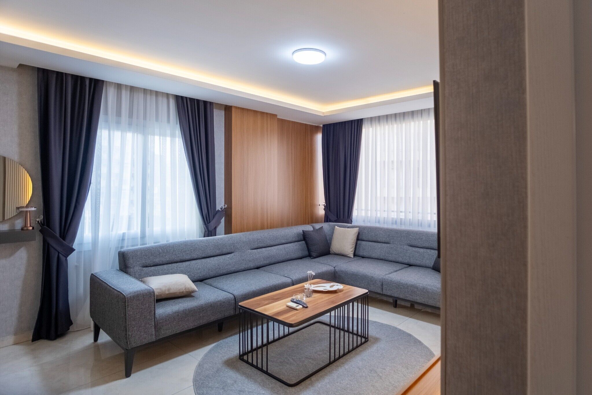 A modern living room with a grey sectional sofa, a wooden coffee table, and a round rug.