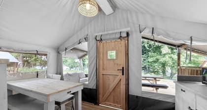 Safari Tent Retreat with Riverfront Deck and Nature Stay in Blacksburg, Virginia