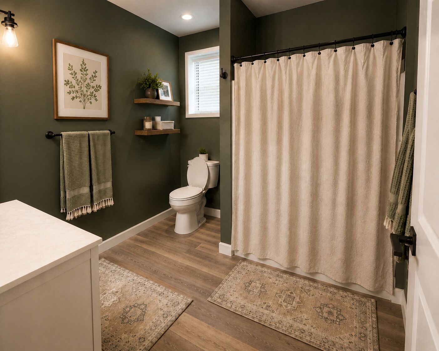 A bathroom with a toilet, a shower curtain, a sink, a mirror, and a wall-mounted shelf with a plant and decorative items.