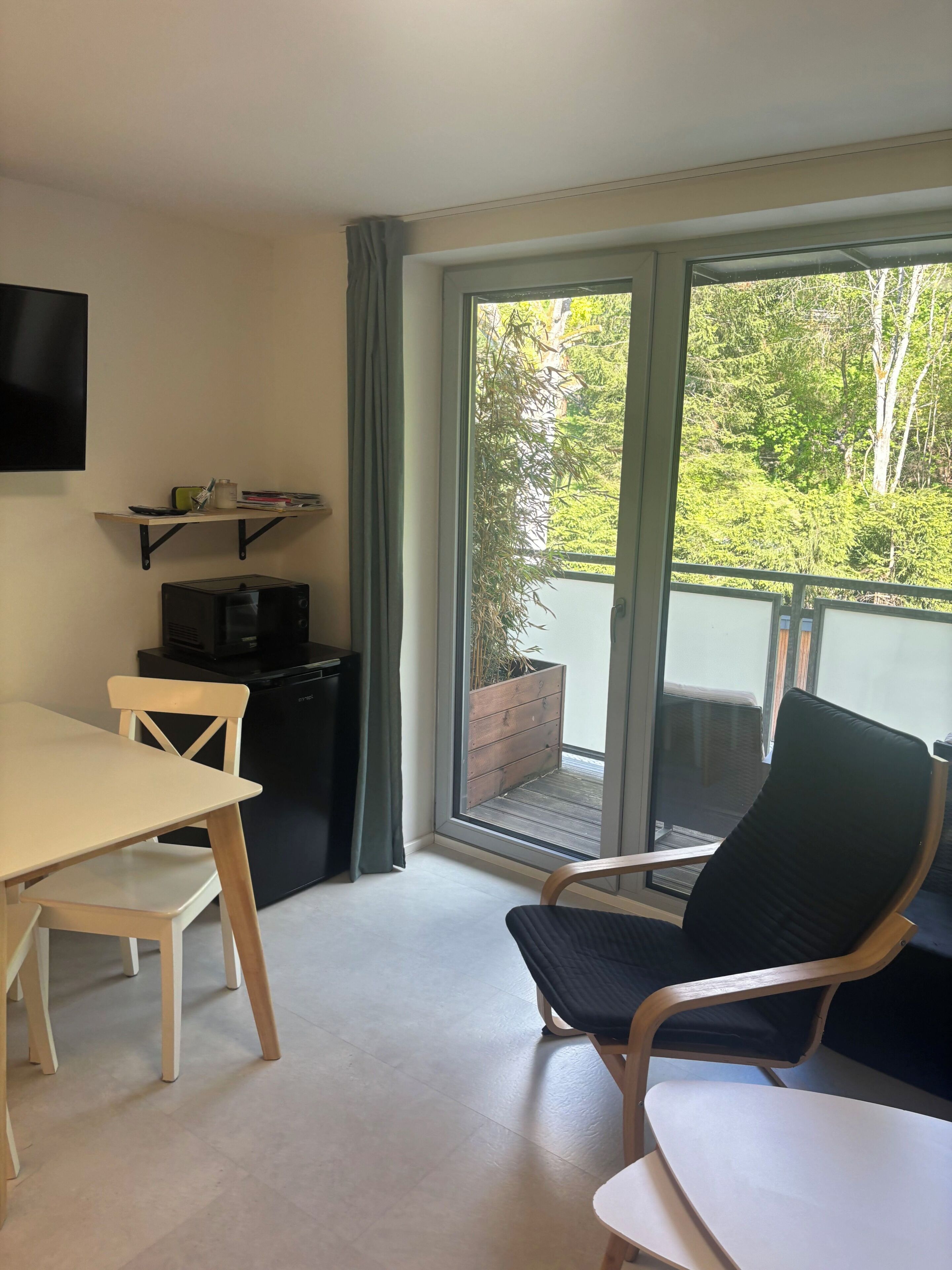 Une pièce comprenant une table à manger, des chaises, un téléviseur, un petit coin cuisine et une porte-fenêtre coulissante donnant sur un espace extérieur verdoyant.