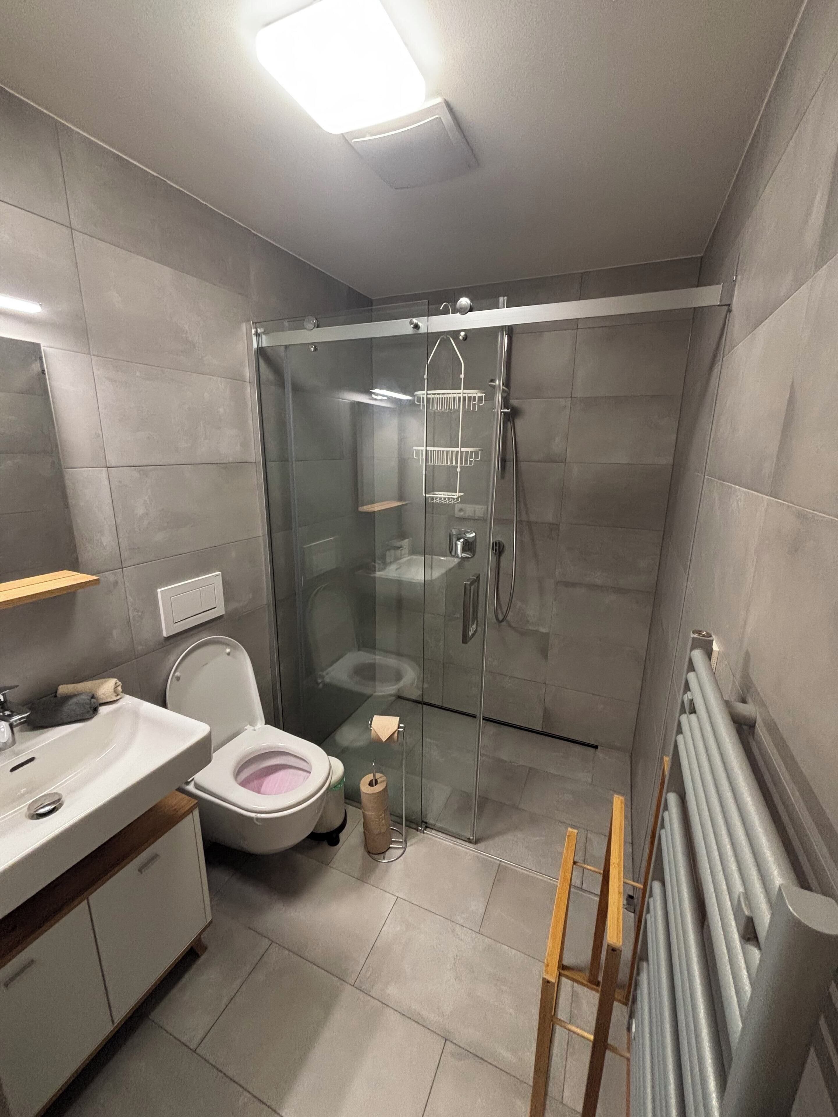 Een moderne badkamer met een douchecabine van glas, toilet, wastafel en spiegel.