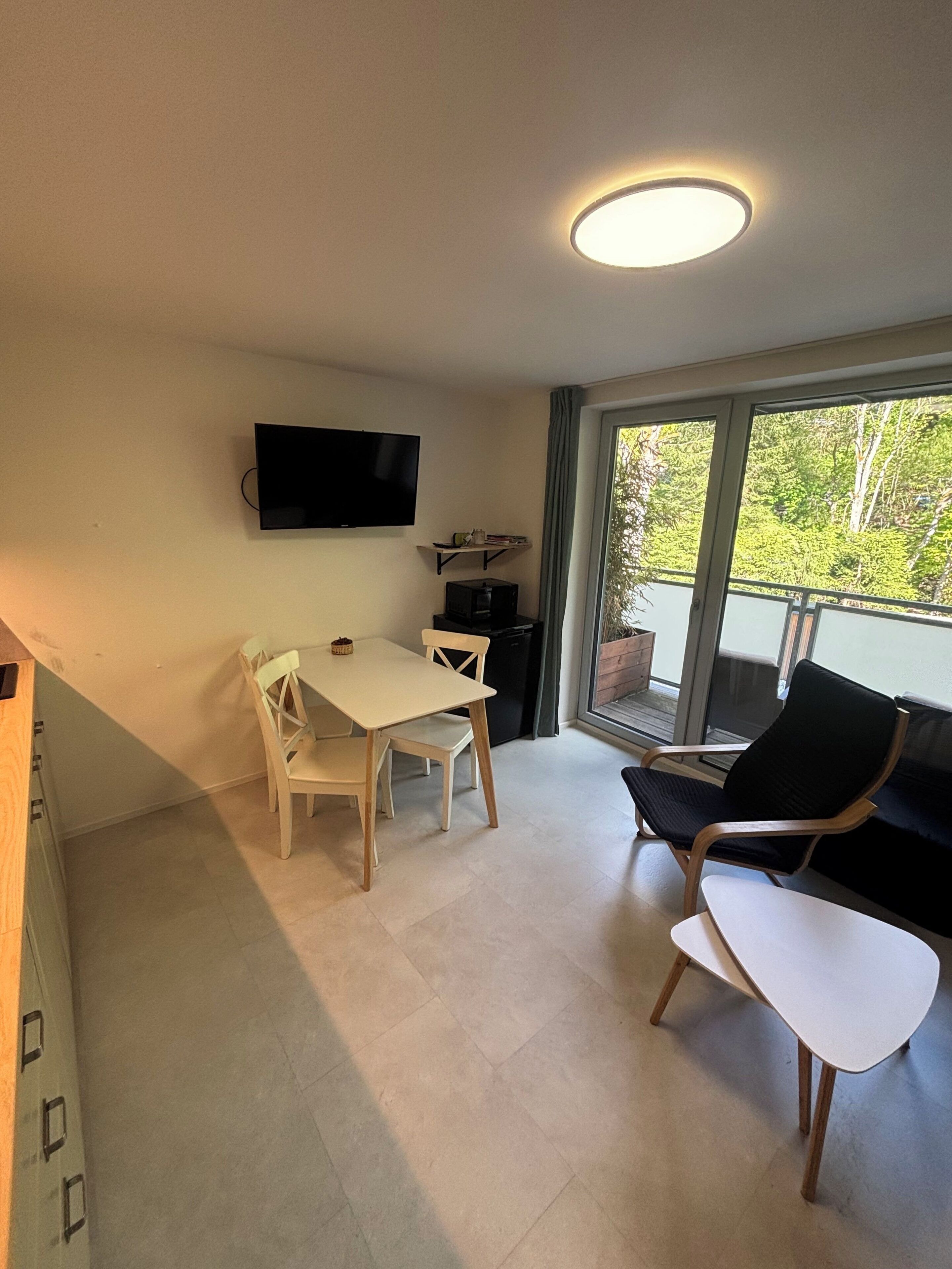 Une pièce comprenant une table à manger, des chaises, un téléviseur fixé au mur, un petit coin cuisine et un balcon avec vue sur les arbres.