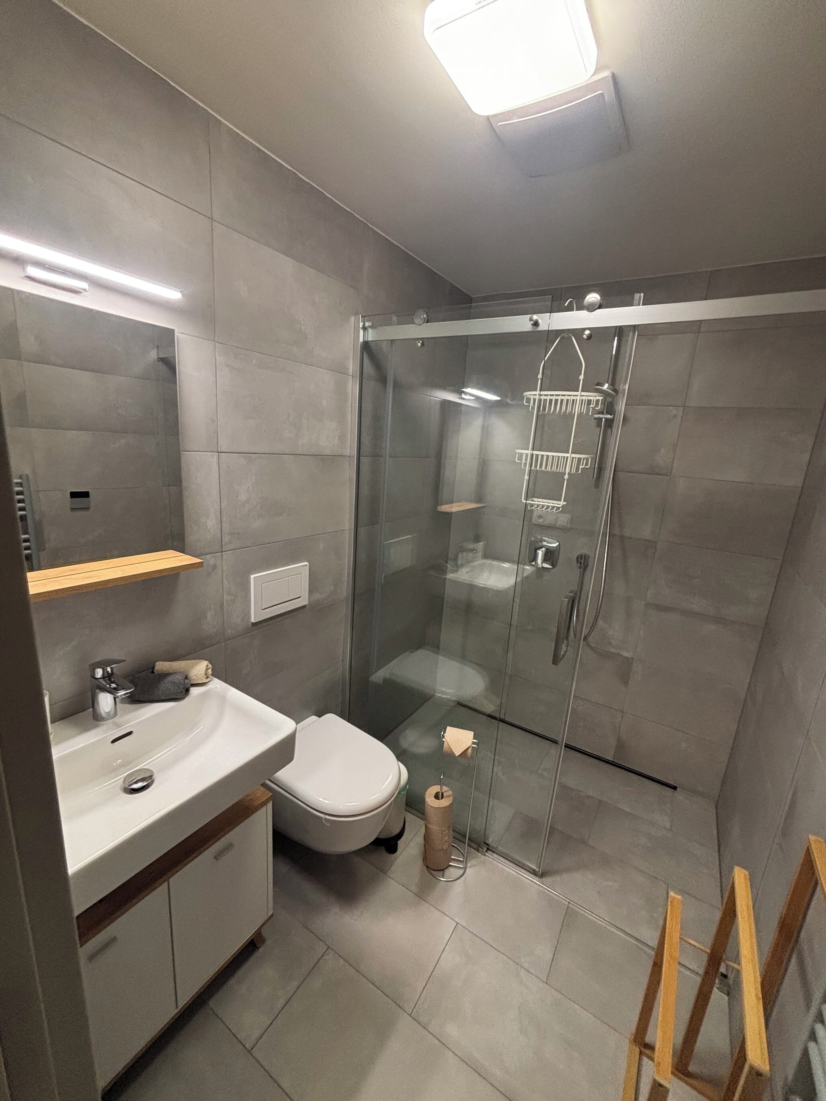 A modern bathroom with a glass-enclosed shower, a white sink, and a mirror above it.