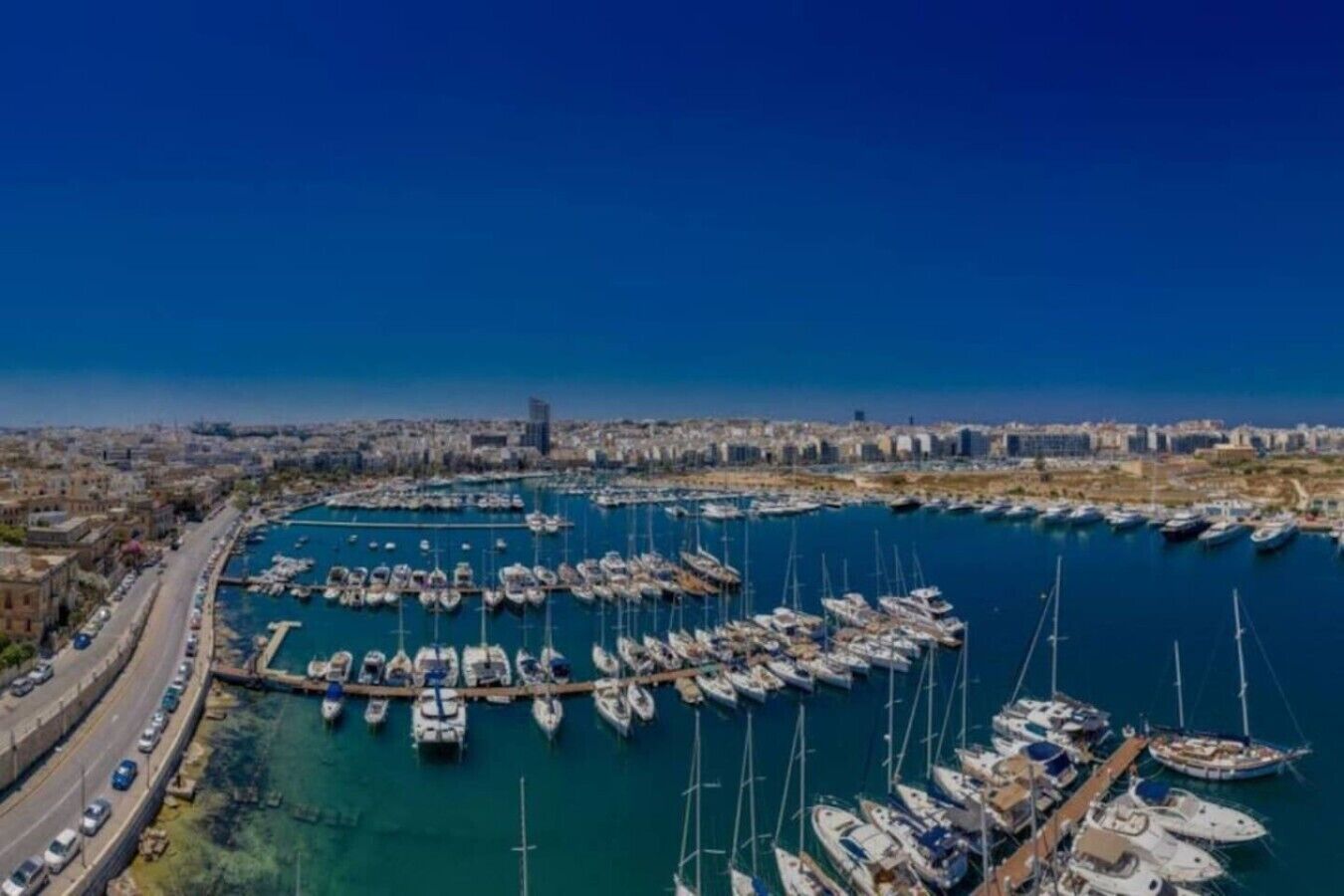 A marina with numerous boats docked, a clear blue sky, and a cityscape in the background.