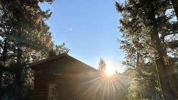 A small cabin with a clear view of the sun shining through the trees.