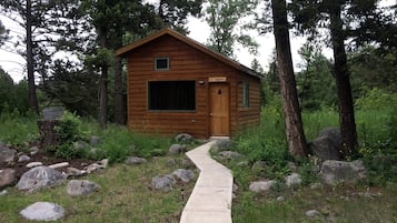 A wooden cabin with a concrete pathway leading to it, surrounded by trees and rocks.