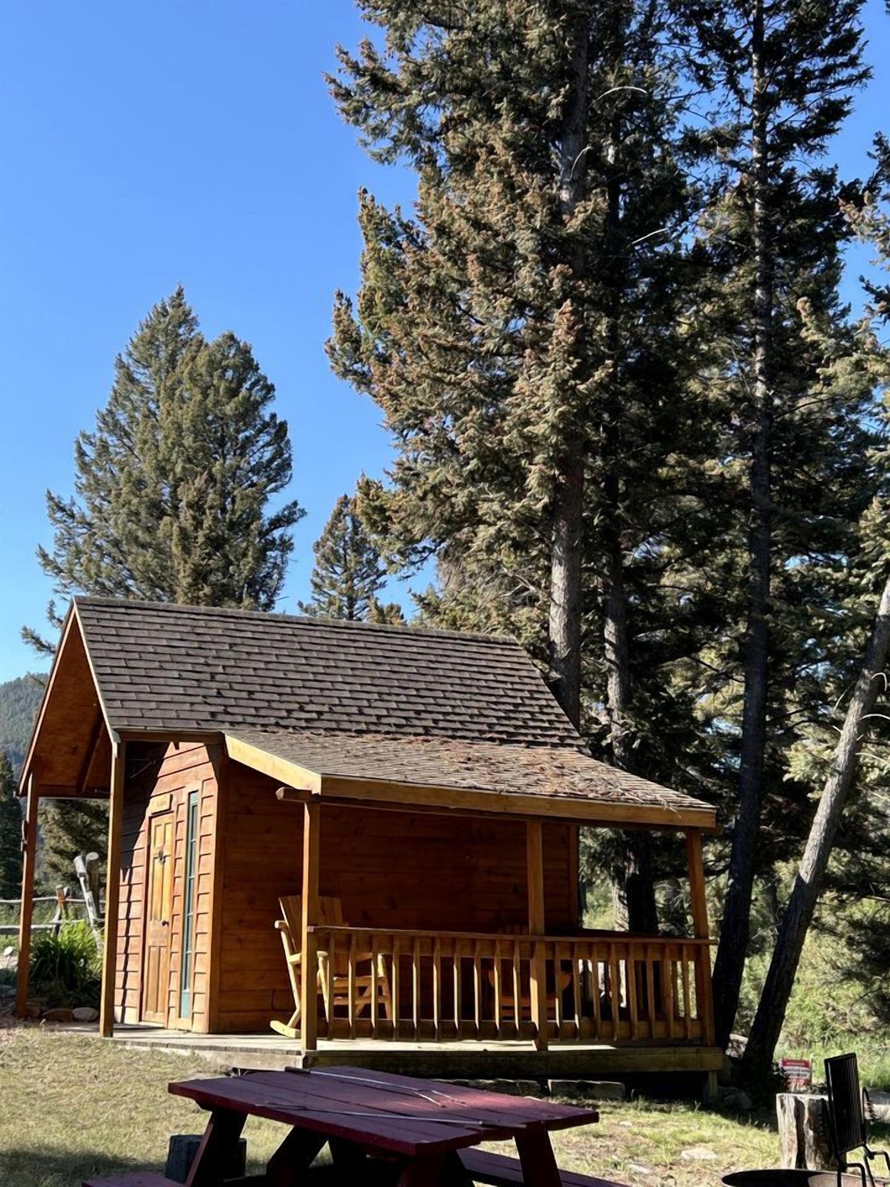 A wooden cabin with a porch, surrounded by tall trees.