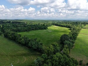 An aerial view of a large green field bordered by dense trees, with a clear sky above. - Peaceful Cabin Surrounded by Natural Beauty in Mena, Arkansas (Mena)
