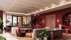 A modern interior with a seating area, a large window, and a ceiling with recessed lighting. - Heart of Brickell - Near Downtown (Miami)