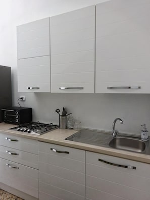 Eine moderne Küche mit einem Gasherd, einer Spüle und einem schwarzen Toaster.