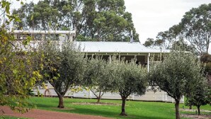 A building with a green roof, surrounded by trees and a grassy area.