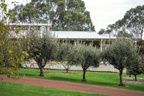 Un edificio con techo verde, rodeado de árboles y césped.