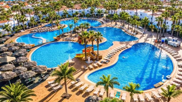 Un complexe hôtelier doté de plusieurs piscines, de palmiers et offrant une vue sur l’océan.