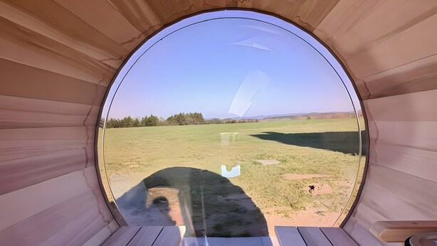 A circular window with a view of a grassy field and trees.