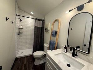 A modern bathroom with a shower, toilet, and dual sinks. - Scenic Studio Chalet with Panoramic Brow Views & Outdoor Shower near Cloudland Canyon, Menlo, Georgia (Menlo)