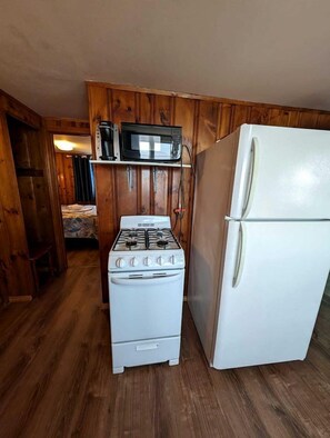 A compact kitchen with a stove, microwave, and refrigerator. - Oceanfront Sanctuary with Elevated Coastal Comfort in North Truro, Massachusetts (North Truro)