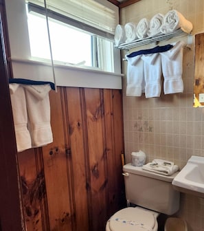 Een badkamer met een wand van houten panelen, een toilet, een wastafel en handdoeken aan een rek.