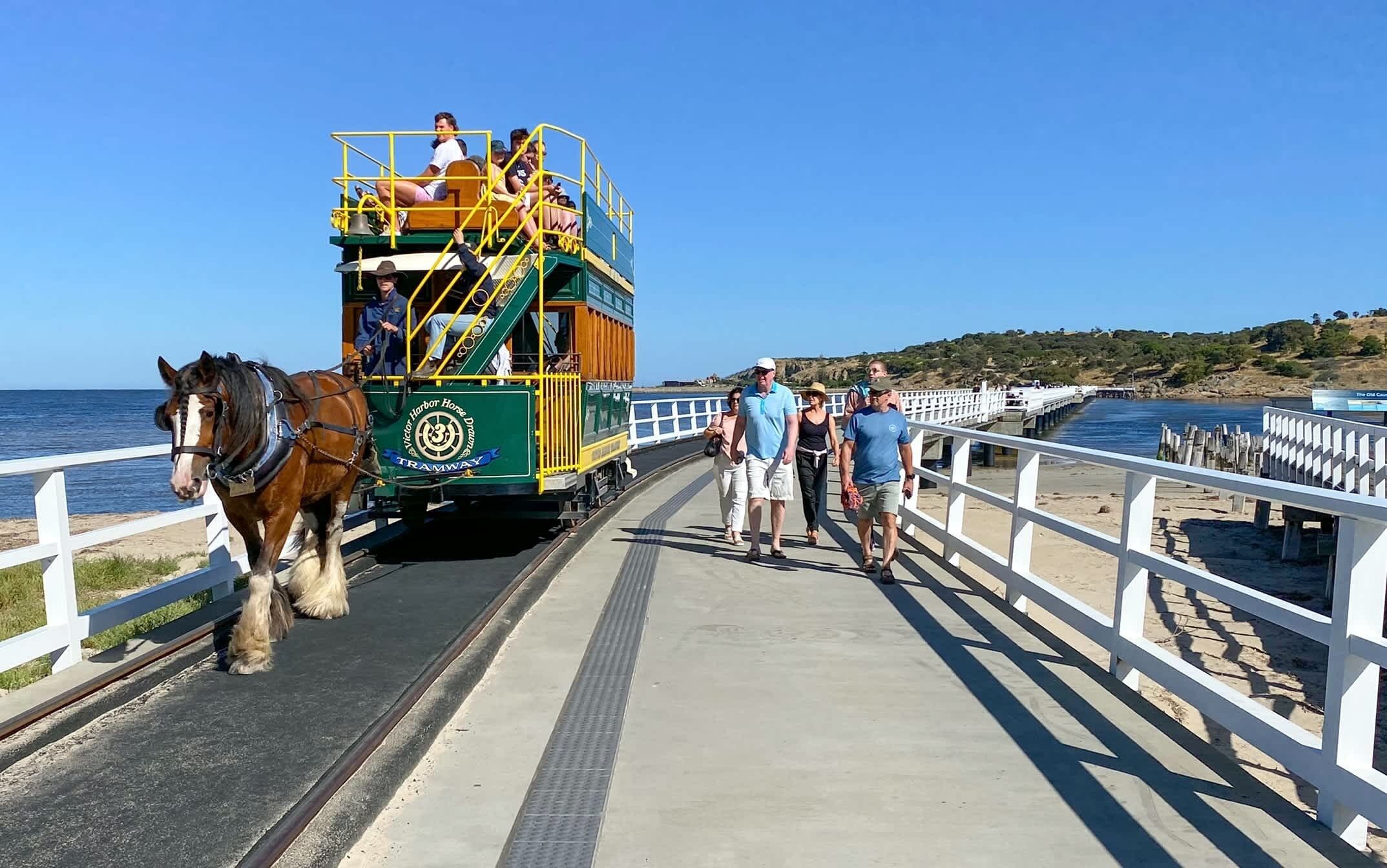 En spårvagn full med passagerare och en hästdragen vagn, ett vitt staket och en strand i bakgrunden.