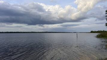 A calm body of water with a distant shoreline, overcast sky, and a solitary post in the water.