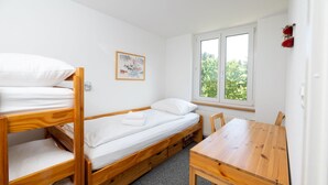 Ein Schlafraum im Studentenwohnheimstil mit Etagenbetten, einem Holztisch, einem Fenster mit Blick auf Bäume und einer Heizung.