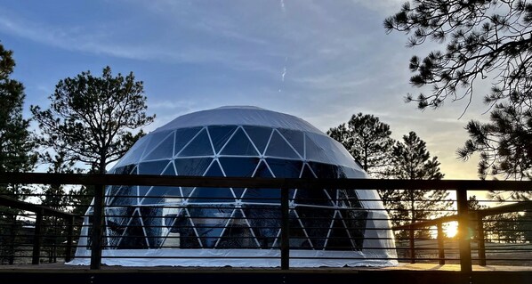 A geodesic dome structure with a transparent roof, surrounded by a wooden fence, set against a backdrop of trees and a clear sky.