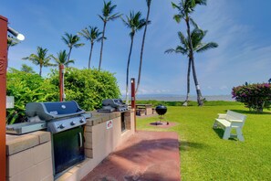 An outdoor grill area with a view of the ocean and palm trees.
