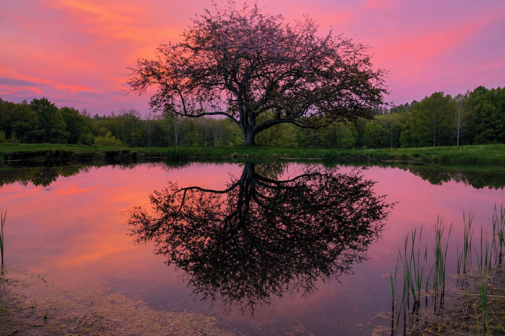 A calm lake with a tree in the center reflecting on the water.