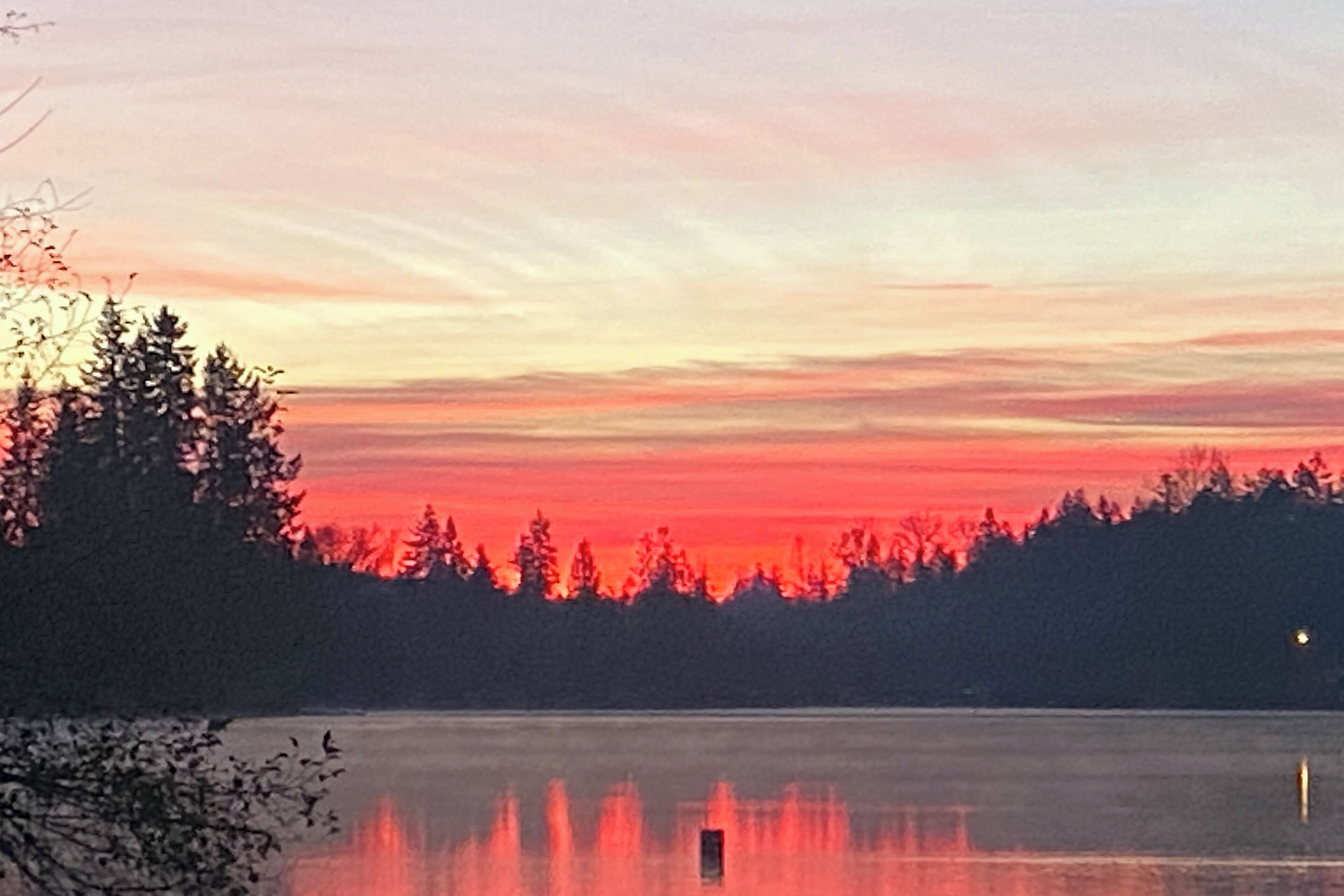 Ruhiger See bei Sonnenuntergang, stilles Wasser und die Silhouette von Bäumen.