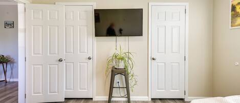 A room with a bed, a television mounted on the wall, and a plant on a small table.