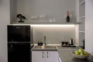 Eine moderne Küche mit Kühlschrank, Spüle und Arbeitsfläche.
