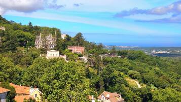 A hillside town with buildings, trees, and a clear sky.