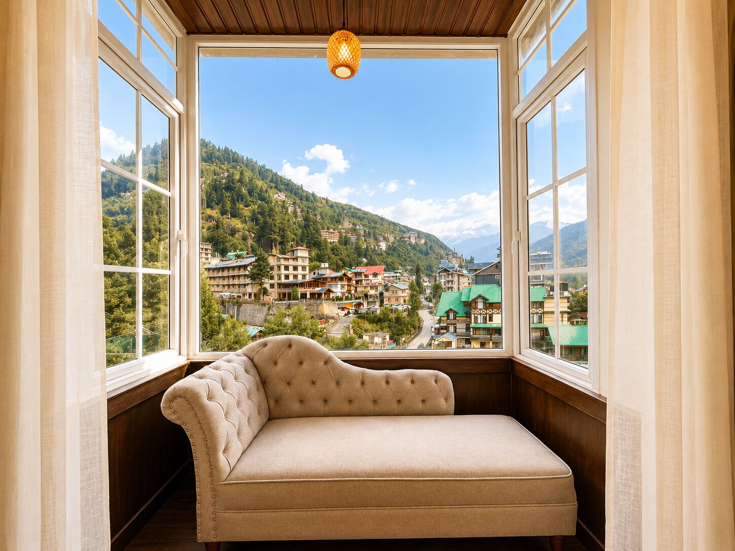 A room with a window view of a mountainous town, a cushioned bench, and a hanging light fixture.