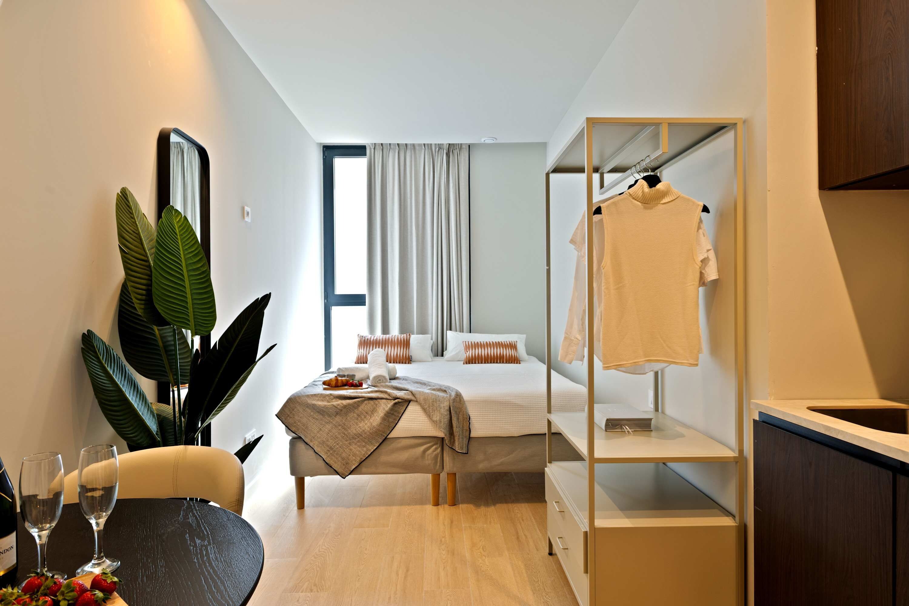 A modern hotel room with a bed, bedside table, a hanging wardrobe, a potted plant, and a view of the outside.