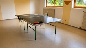 A ping pong table with a net, a paddle, and a ball in a room with a radiator, a window with a view of greenery, and a plain wall.