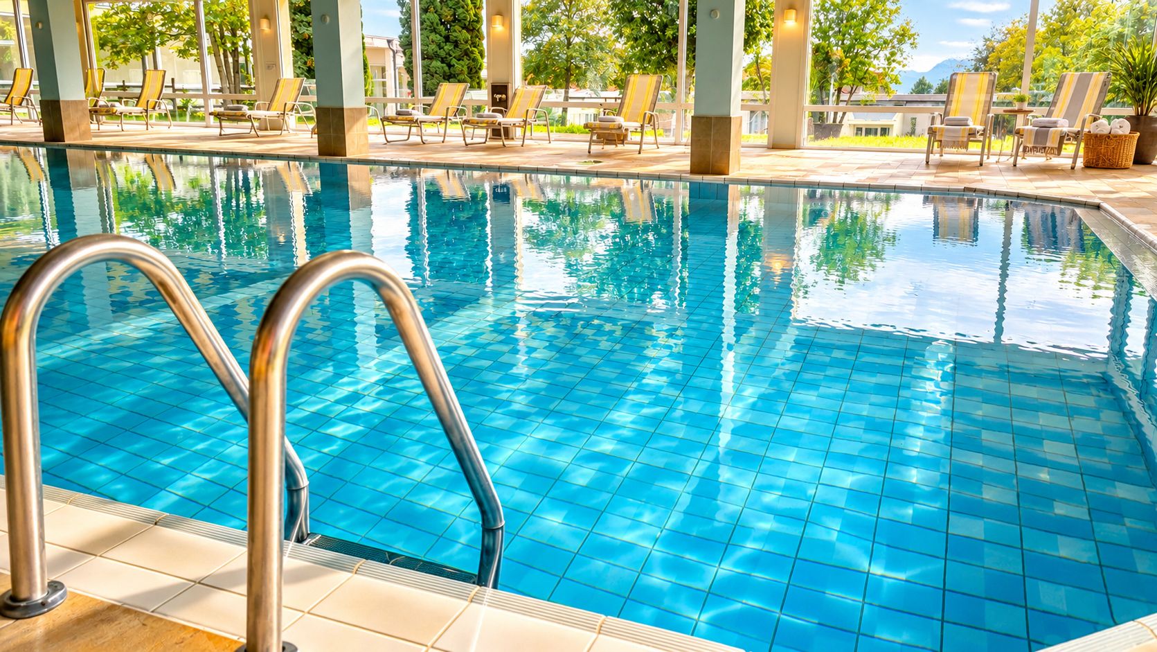 Una piscina con agua cristalina azul, rodeada de sillas de descanso y una terraza con baldosas.